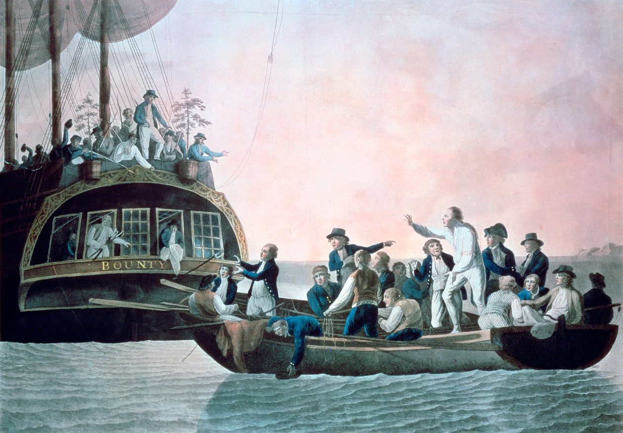 Buntownicy zmieniający porucznika Bligha ... i załoga dryfująca ze statku Majestys Bounty, 1790 autorstwa Robert Dodd