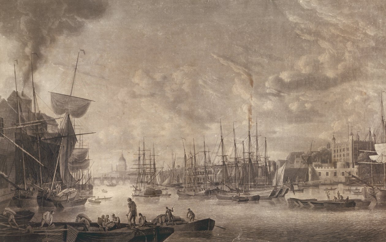 Widok w kierunku London Bridge z łodzi zacumowanej w pobliżu Tower of London, 1793 (akwatinta) autorstwa Robert Dodd