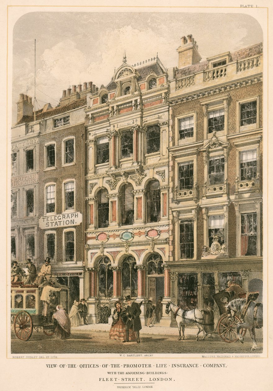 Widok biura Promotor Life Insurance Company z przyległymi budynkami, Fleet Street, Londyn (kolorowa litografia) autorstwa Robert Dudley