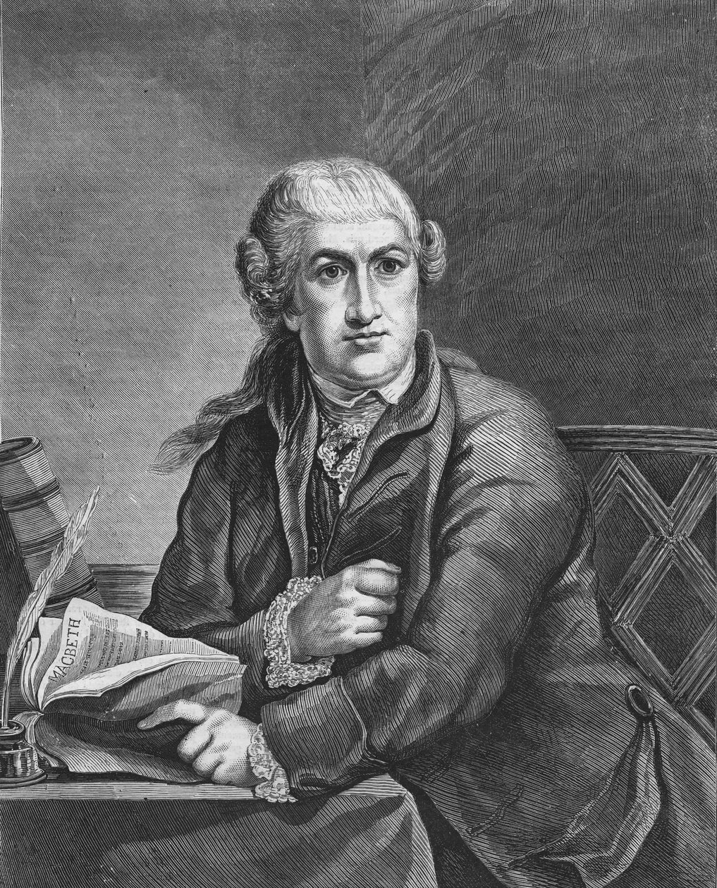 David Garrick Brytyjski aktor (1717-1779) studiujący rolę Makbeta Szekspira; XIX-wieczna rycina, oparta na obrazie Roberta-Edwarda Pine