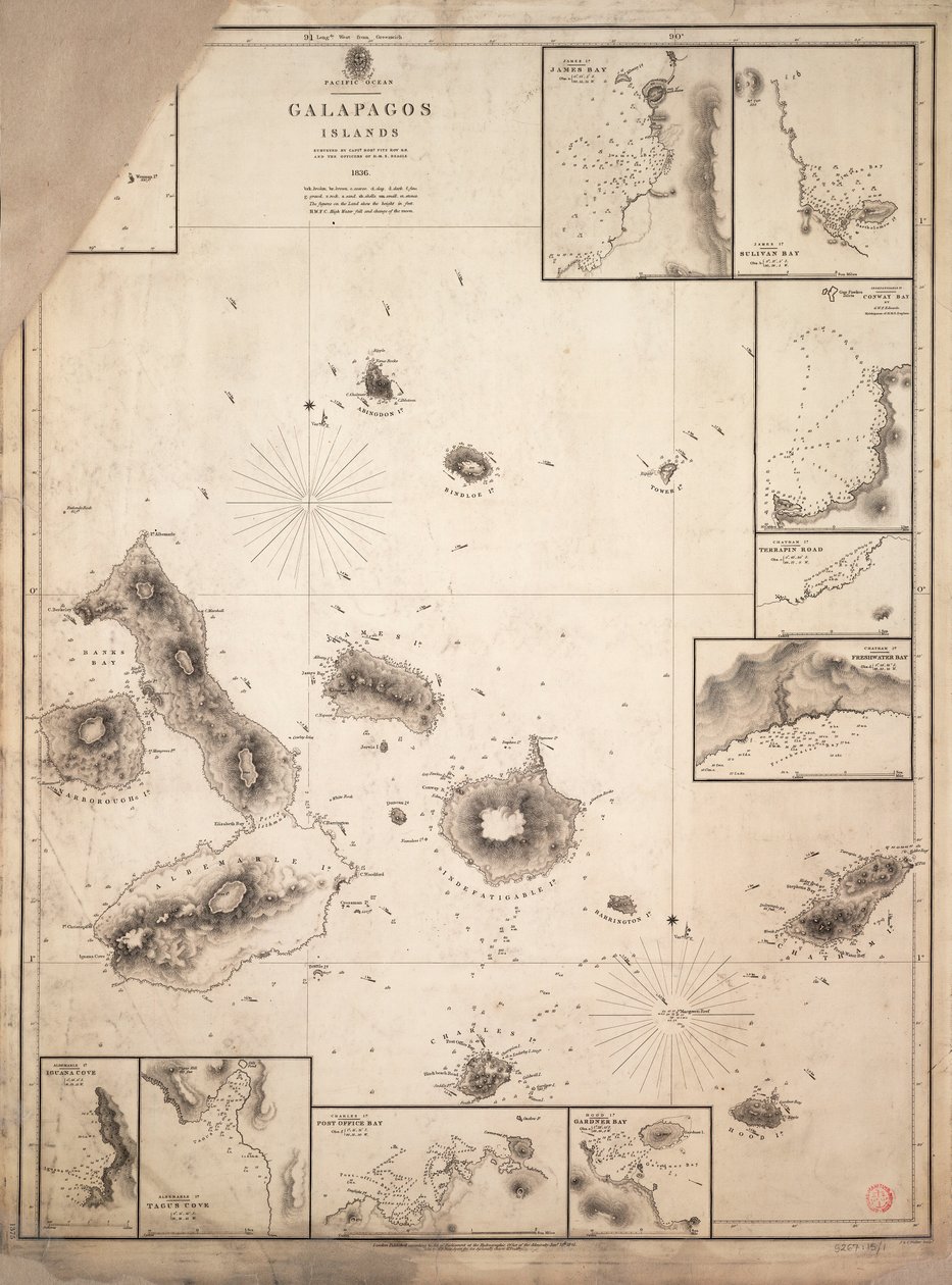 Mapa wysp Galapagos zbadanych podczas podróży HMS "Beagle autorstwa Robert Fitzroy