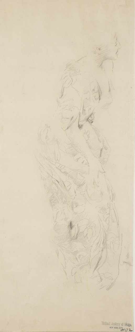Szkic kobiety w kwiecistej sukience, prawdopodobnie do muralu Moods to Music, 1893-98 (grafitowo-żółty ołówek na jasnożółtym papierze) autorstwa Robert Frederick Blum