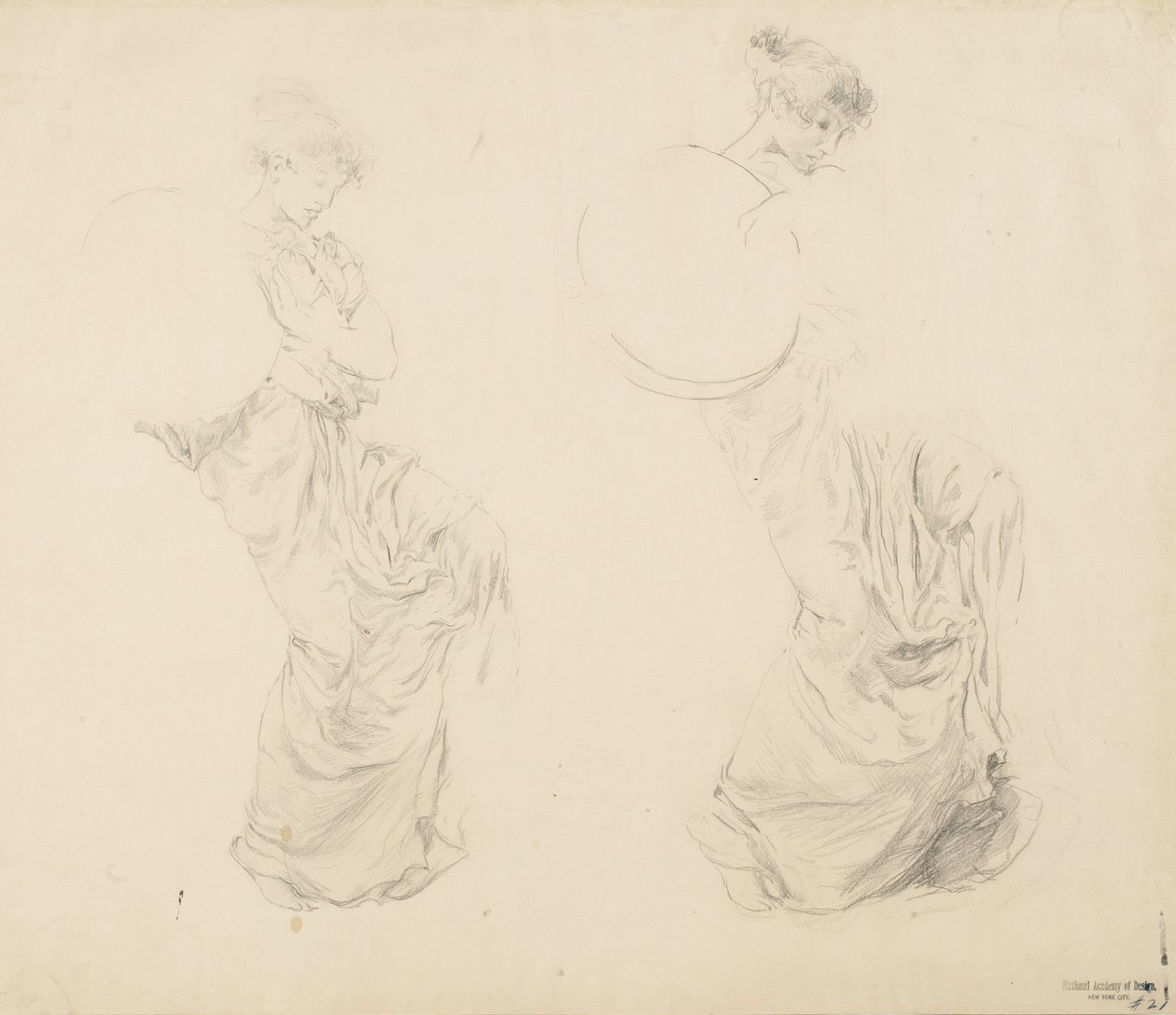 Studium dwóch postaci kobiecych do muralu Moods to Music, 1893-95 (grafit z czerwonym ołówkiem na papierze płowotkanym) autorstwa Robert Frederick Blum