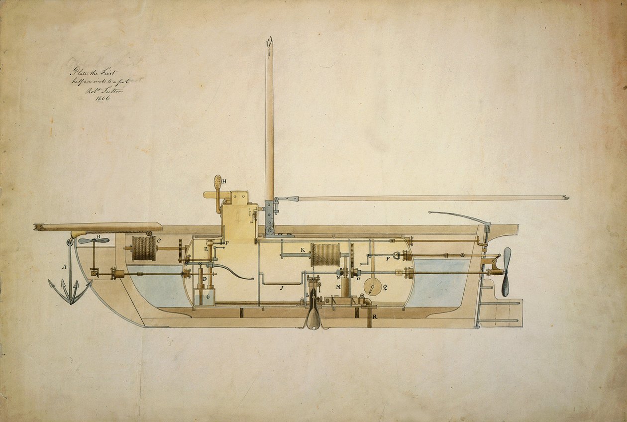Oryginalny rysunek Nautilusa, pierwszej łodzi podwodnej (łodzi podwodnej), przedstawiony przez wynalazcę Roberta Fultona (1765-1815) amerykańskiemu Senatowi w 1806 roku. autorstwa Robert Fulton