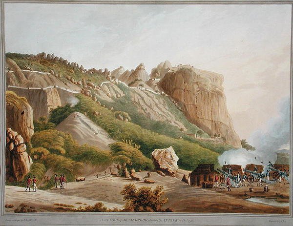 Północny widok Sewandroog ukazujący atak w grudniu 1791 r., ilustracja z "Twelve Views of Mysore, the Country of Tipoo Sultan" wyryta i pokolorowana przez J.W. Edy