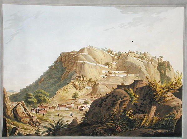 Południowo-zachodni widok Ootra-Durgum, ilustracja z „Dwunastu widoków Mysore, kraju sułtana Tippoo”, grawerowana i kolorowana przez J.W. Edy, opublikowano 1804 (kolorowa akwatinta) autorstwa Robert H. (after) Colebrooke