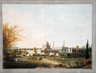 Mauzoleum Hyder Ali Khana w Laulbaug, ilustracja z „Dwunastu widoków Mysore, kraj sułtana Tippoo”, pokolorowana i grawerowana przez J.W. Edy, opublikowano 1804 (kolorowa akwatinta) autorstwa Robert H. (after) Colebrooke