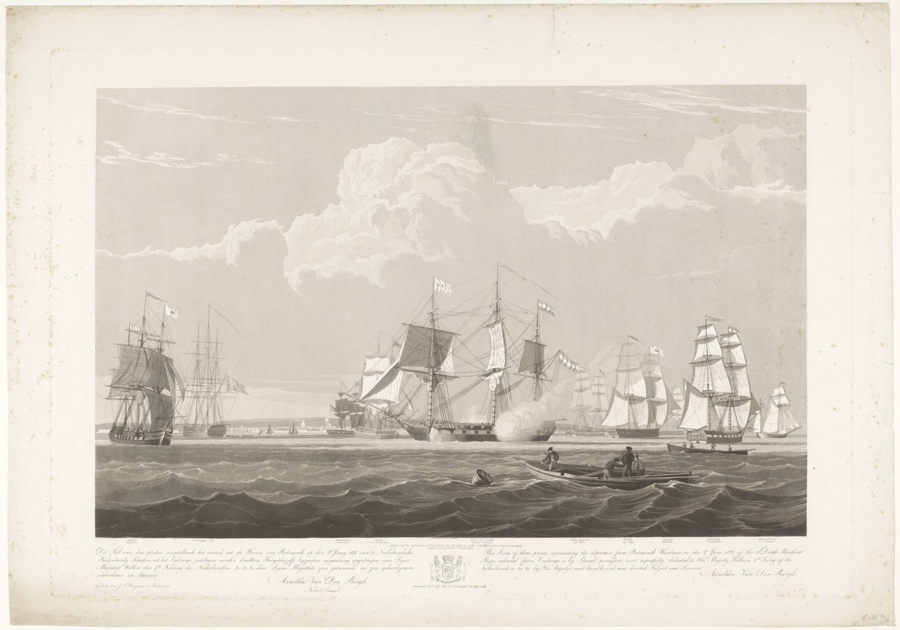 Wypłynięcie dwunastu holenderskich statków handlowych z portu Portsmouth, 1833 (tabl. 3) Ten zestaw trzech tablic przedstawiających wypłynięcie z Portsmouth Harbor w dniu 2 czerwca 1833 roku 12 statków Nederlandsche Koopvaardy z embarga zrzuconych autorstwa Robert Havell (II)