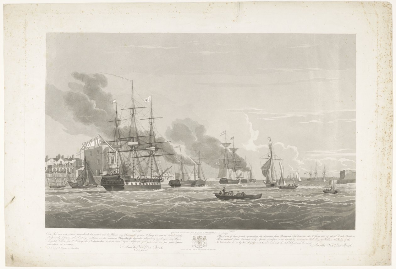 Wypłynięcie dwunastu holenderskich statków handlowych z portu Portsmouth, 1833 (tabl. 2) Ten zestaw trzech tablic przedstawiających wypłynięcie z Portsmouth Harbor w dniu 2 czerwca 1833 roku 12 statków Nederlandsche Koopvaardy z embarga zrzuconych autorstwa Robert Havell (II)