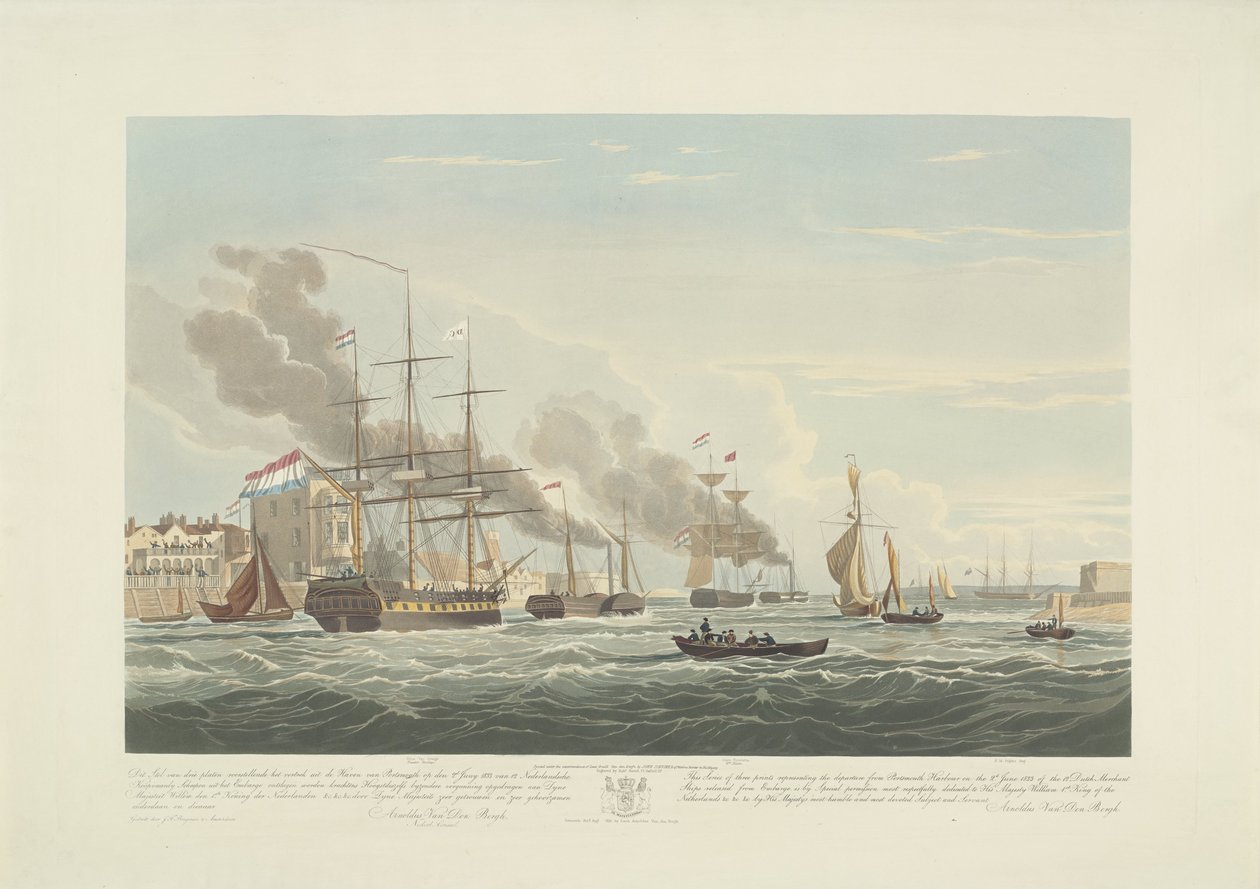 Wypłynięcie dwunastu holenderskich statków handlowych z portu Portsmouth, 1833 (tabl. 2) Ten zestaw trzech tablic przedstawiających wypłynięcie z Portsmouth Harbor w dniu 2 czerwca 1833 roku 12 statków Nederlandsche Koopvaardy z embarga zrzuconych autorstwa Robert Havell (II)