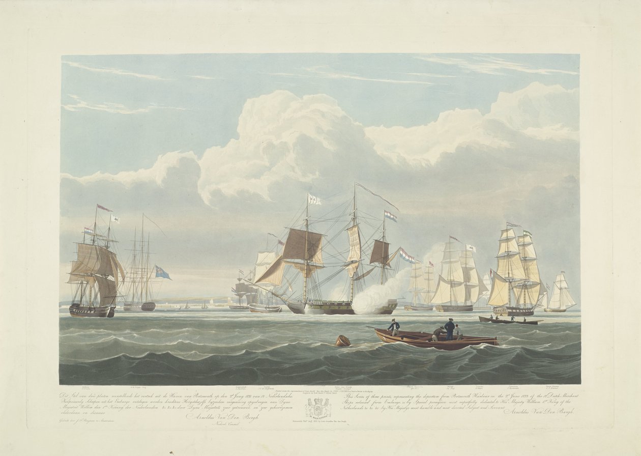 Wypłynięcie dwunastu holenderskich statków handlowych z portu Portsmouth, 1833 (tabl. 3) Ten zestaw trzech tablic przedstawiających wypłynięcie z Portsmouth Harbor w dniu 2 czerwca 1833 roku 12 statków Nederlandsche Koopvaardy z embarga zrzuconych autorstwa Robert Havell (II)