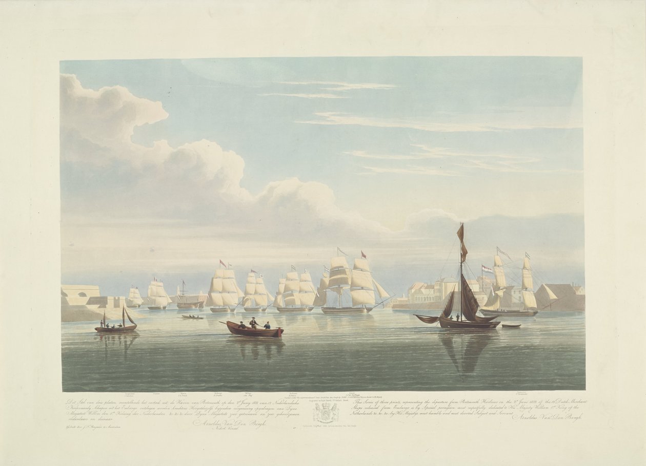 Wypłynięcie dwunastu holenderskich statków handlowych z portu Portsmouth, 1833 (tabl. 1) Ten zestaw trzech tablic przedstawiających wypłynięcie z Portsmouth Harbor w dniu 2 czerwca 1833 roku 12 statków Nederlandsche Koopvaardy z embarga zrzuconych autorstwa Robert Havell (II)