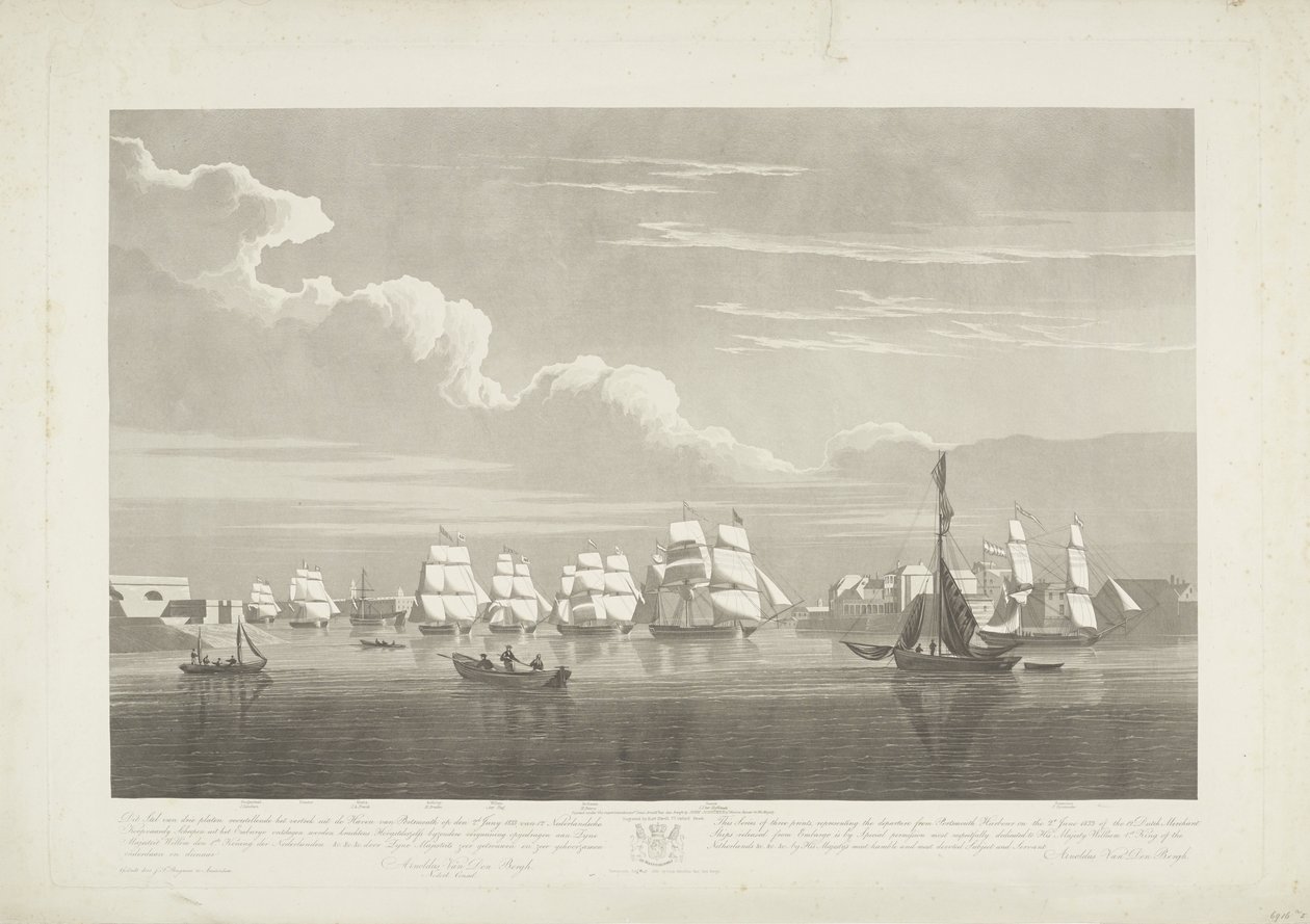 Wypłynięcie dwunastu holenderskich statków handlowych z portu Portsmouth, 1833 (tabl. 1) Ten zestaw trzech tablic przedstawiających wypłynięcie z Portsmouth Harbor w dniu 2 czerwca 1833 roku 12 statków Nederlandsche Koopvaardy z embarga zrzuconych autorstwa Robert Havell (II)