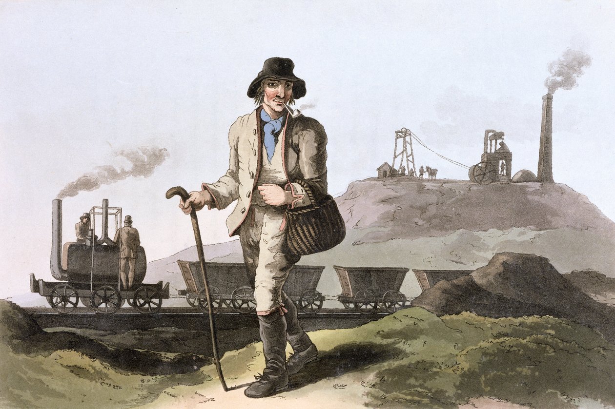 Lokomotywa parowa Blenkinsop w kopalni Middleton niedaleko Leeds, West Yorkshire, 1814 autorstwa Robert Havell
