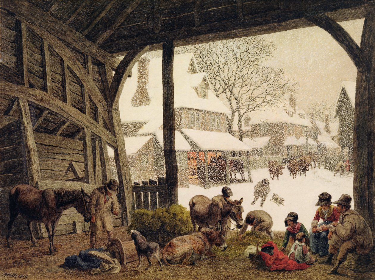 Wiejska scena śnieżna, 1819 (wc, kolor nadwozia, drapanie po graficie) autorstwa Robert Hills