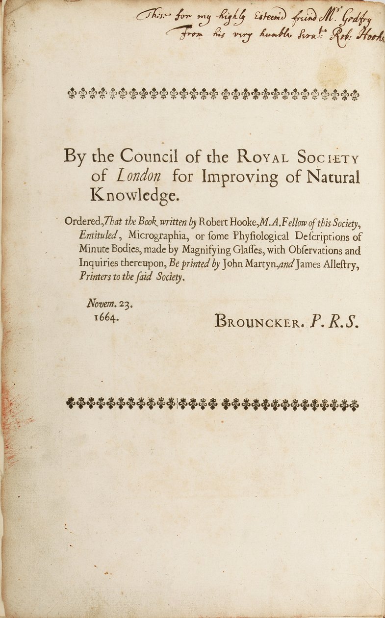 Podpisana strona z "Mikrografia: czyli niektóre fizjologiczne opisy ciał drobnych zrobionych przez szkła powiększające", 1665 autorstwa Robert Hooke