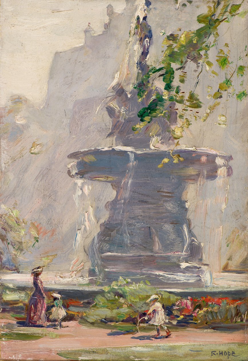 Fontanna, Princes Street Gardens, Edynburg (olej na pokładzie) autorstwa Robert Hope