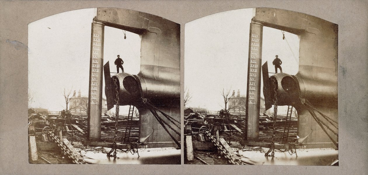 Statek parowy Lewiatan znany również jako „Wielki Wschód”, w budowie, ok. 1857 r. (stereodruk albumowy) autorstwa Robert Howlett
