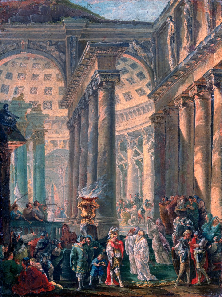 „Kaprys rzymskiej świątyni z triumfalnym pochówkiem Aleksandra Wielkiego”, 1755-1760 autorstwa Robert Hubert