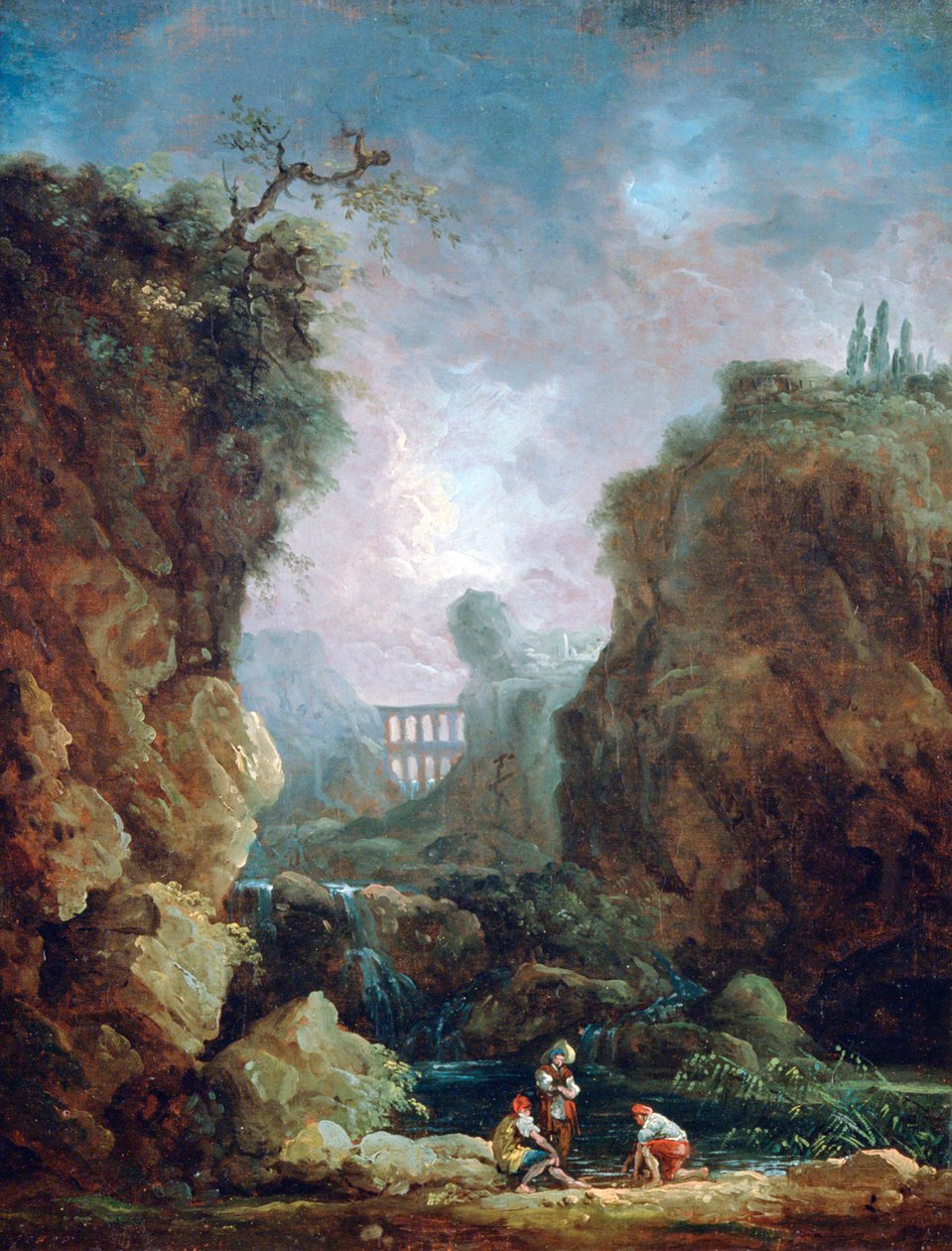 Krajobraz z wodospadem i akweduktem, c1750-1808 autorstwa Robert Hubert