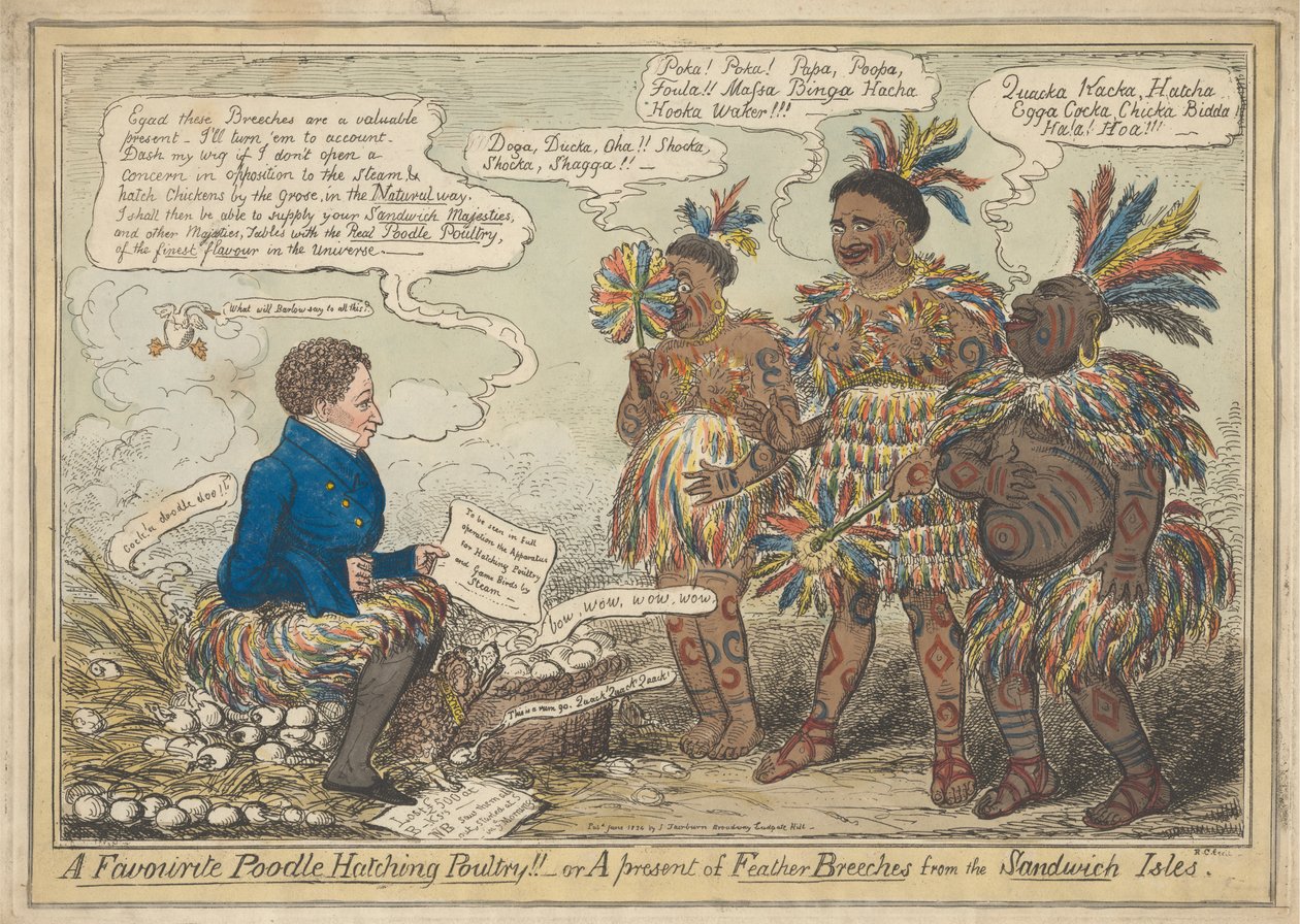 Uma ave de incubação de poodle favorita!! - ou A Gift of Feather Breeches from the Sandwich Islespolish autorstwa Robert Isaac Cruikshank