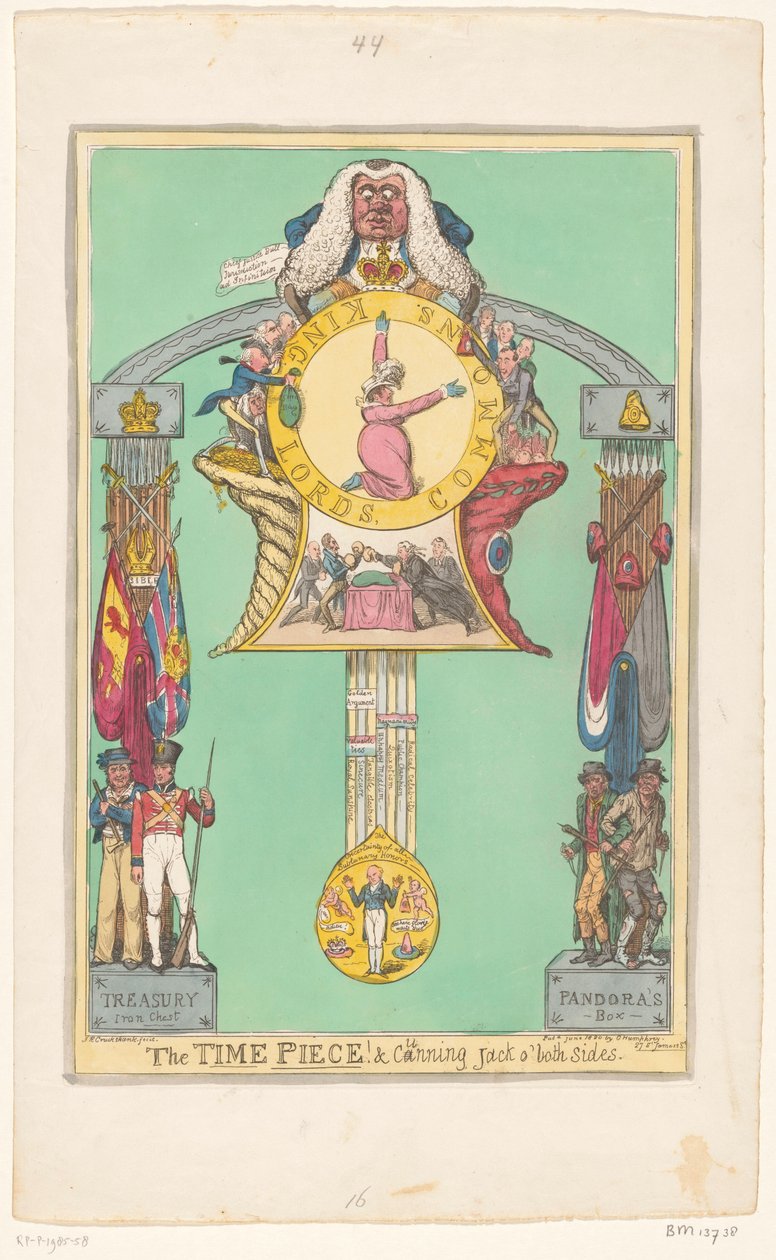 Zegar z królową na tarczy, 1820 Kawałek czasu! i przebiegły Jack z obu stron autorstwa Robert Isaac Cruikshank