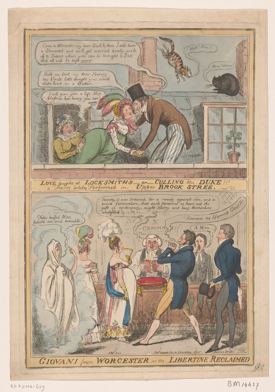 Spotprent over het huwelijk van de markies van Worcester en Anne Francis Culling Smith, 1822 Miłość śmieje się ze ślusarzy -lub- uboju księcia!!! farsa ostatnio grana na Upper Brook Street / Giovani z Worcester - lub - odzyskany libertyn (tytuł na autorstwa Robert Isaac Cruikshank