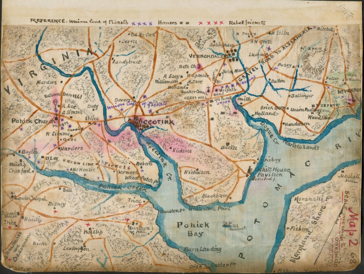(Mapa dolnego biegu rzeki Potomac przedstawiająca linie pikiet, styczeń 1862 r.) LOC gvhs01.vhs00059 autorstwa Robert Knox Sneden