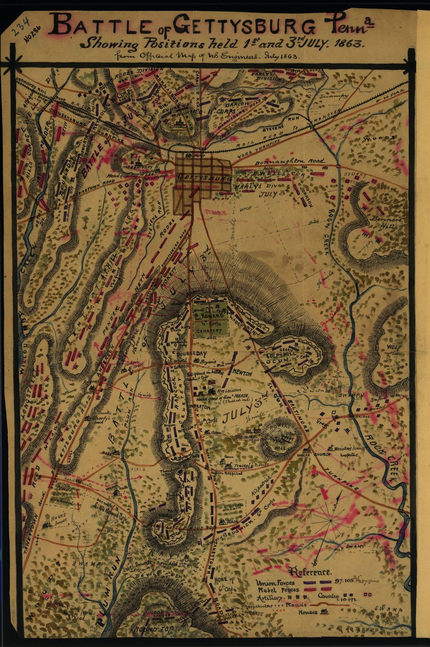 Bitwa pod Gettysburgiem, Pensylwania. Pokazuje pozycje zajmowane 1 i 3 lipca 1863 r. LOC gvhs01.vhs00265 autorstwa Robert Knox Sneden