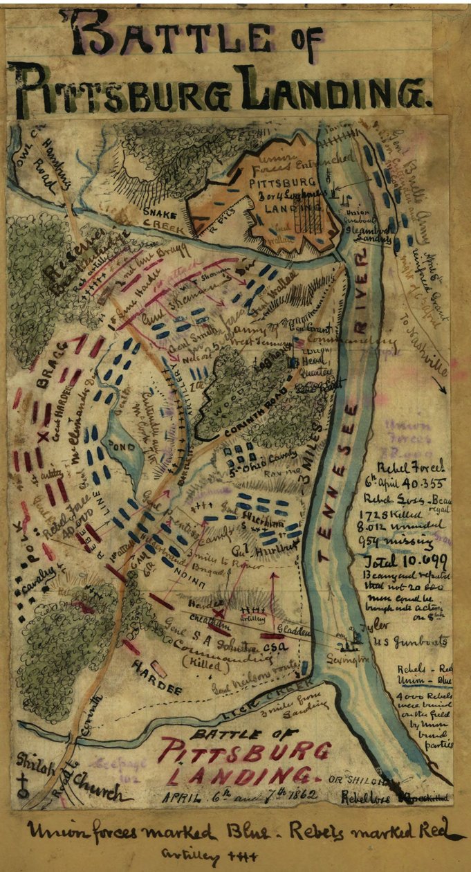 Bitwa pod Pittsburgiem lub Shiloh 6 i 7 kwietnia 1862 r. LOC gvhs01.vhs00314 autorstwa Robert Knox Sneden