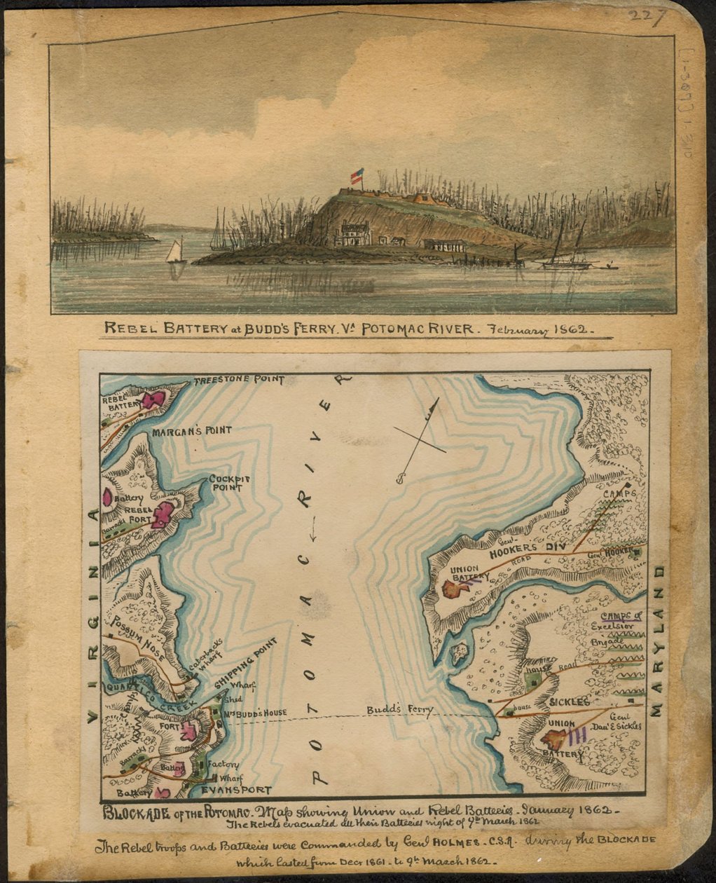 Blokada Potomaku. Mapa przedstawiająca baterie Unii i Rebelii w styczniu 1862. Rebelianci ewakuowali wszystkie swoje baterie w nocy 4 marca 1862 roku. LOC gvhs01.vhs00066 autorstwa Robert Knox Sneden
