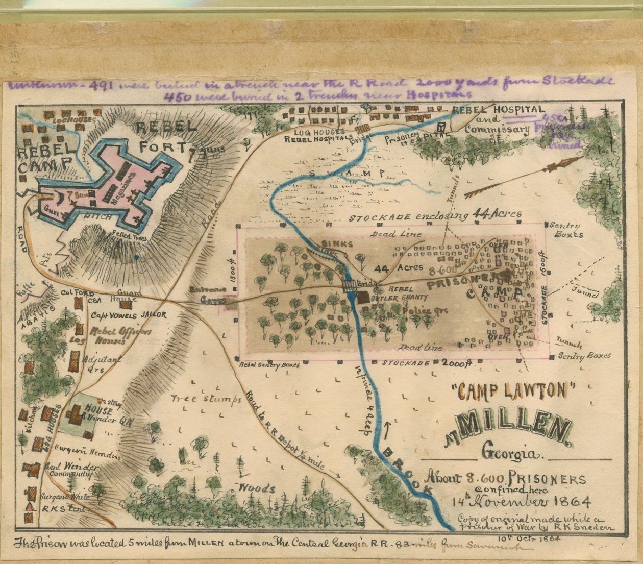 "Camp Lawton" w Millen, Georgia - około 8 600 więźniów zamkniętych tutaj 14 listopada 1864 roku. LOC gvhs01.vhs00054 autorstwa Robert Knox Sneden