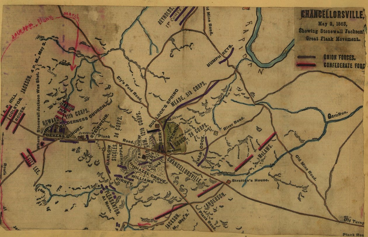 Chancellorsville, 2 maja 1863 r., pokazujący wielki ruch oskrzydlający Stonewalla Jacksona LOC gvhs01.vhs00287 autorstwa Robert Knox Sneden