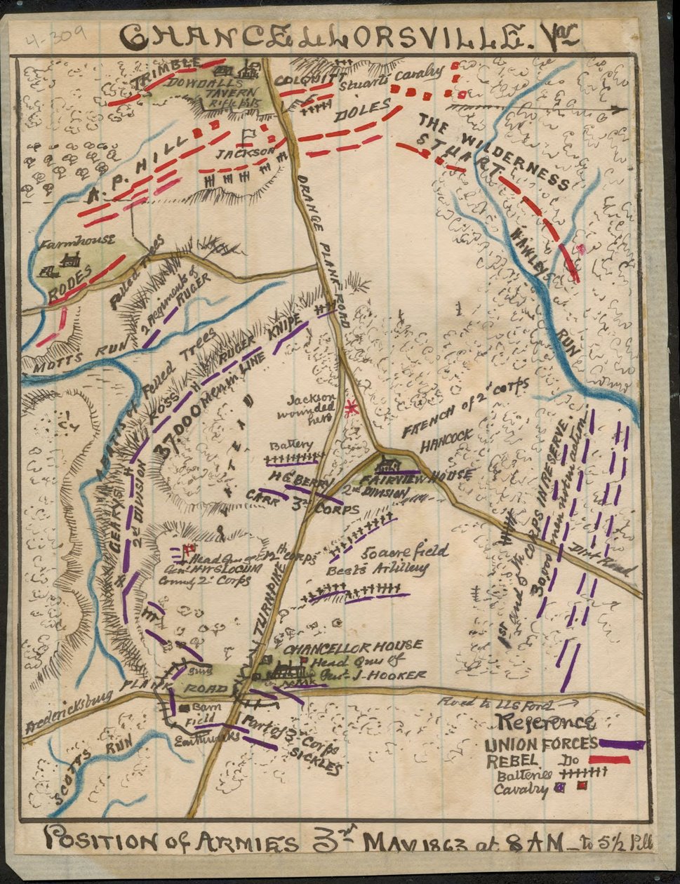 Chancellorsville, Va. Pozycje wojsk 3 maja 1863 r. od 8 rano do 5:1-2 po południu LOC gvhs01.vhs00136 autorstwa Robert Knox Sneden
