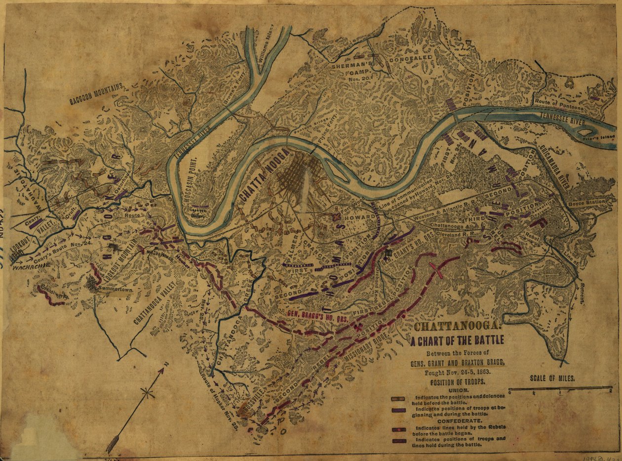 Chattanooga Plan bitwy między siłami gen. Granta i Braxtona Bragga, stoczonej w dniach 24-5 listopada 1863 r. LOC gvhs01.vhs00275 autorstwa Robert Knox Sneden