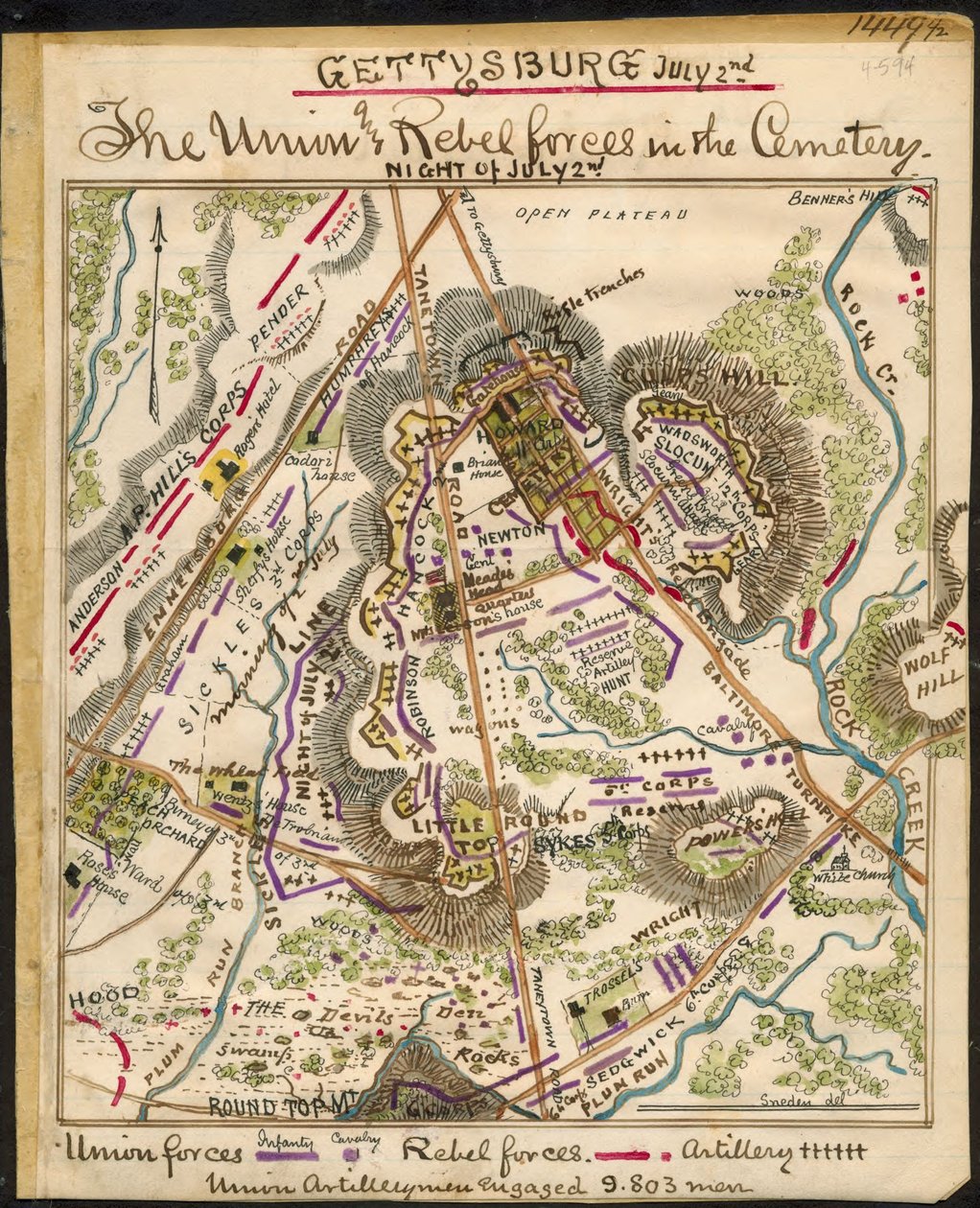 Gettysburg 2 lipca Siły Unii i Rebelii na cmentarzu. LOC gvhs01.vhs00148 autorstwa Robert Knox Sneden