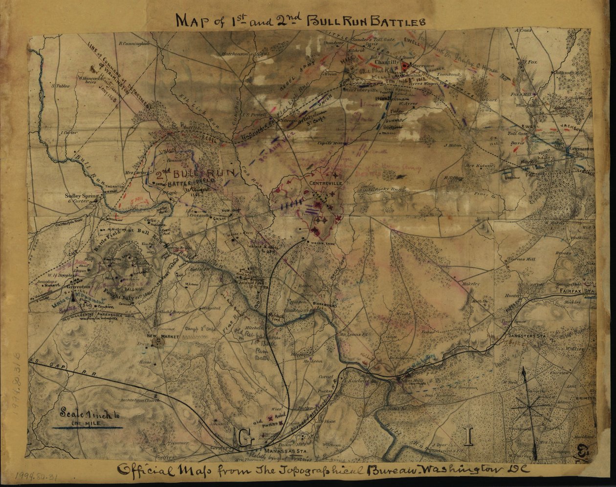 Mapa 1. i 2. bitwy pod Bull Run. Oficjalna mapa z Biura Topograficznego, Waszyngton, D.C. LOC gvhs01.vhs00239 autorstwa Robert Knox Sneden
