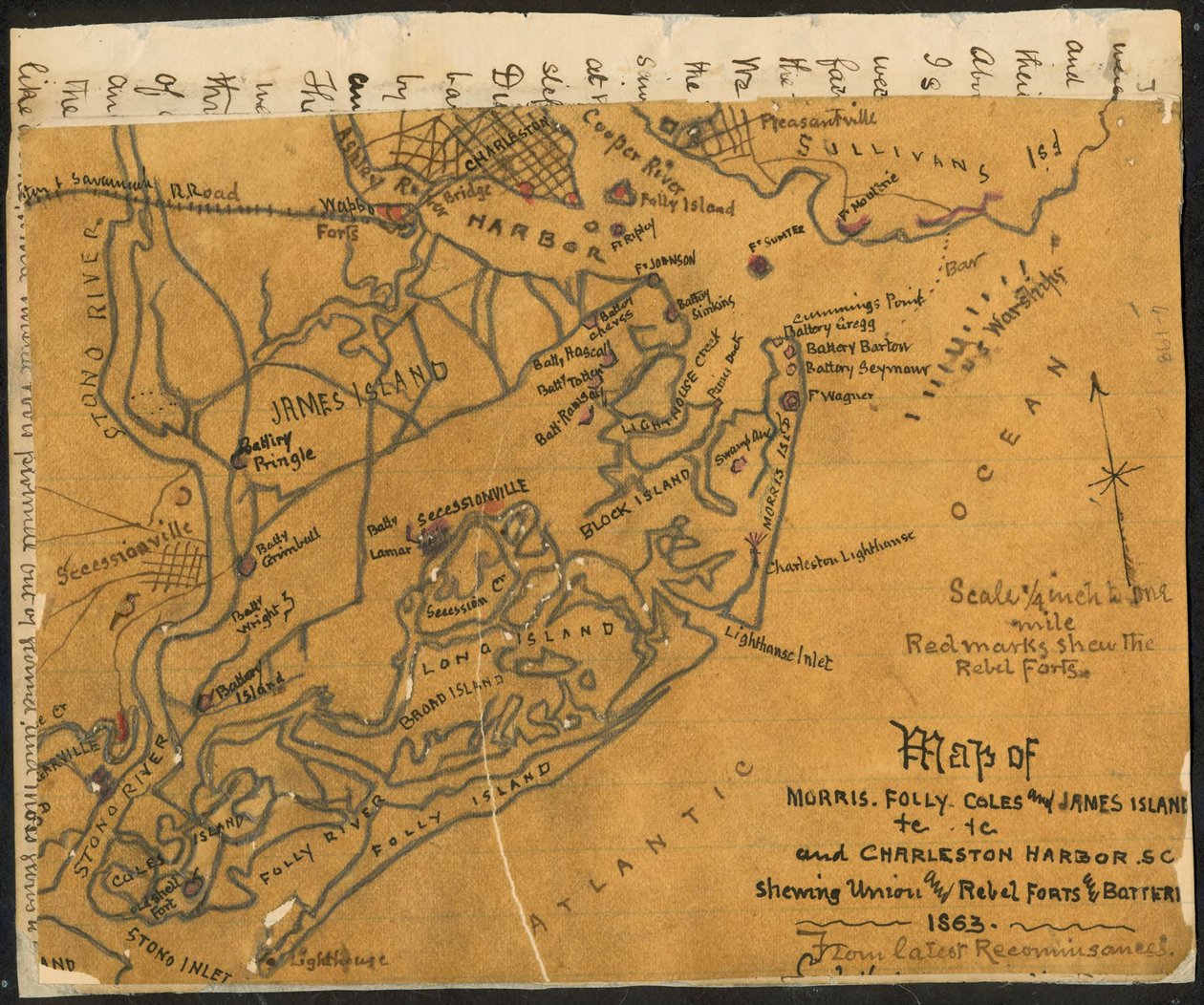 Mapa Morris, Folly, Coles i James Island(s) itd. oraz Charleston Harbor S.C. pokazująca (sic) forty i baterie Unii i Rebelii, 1864. LOC gvhs01.vhs00184 autorstwa Robert Knox Sneden