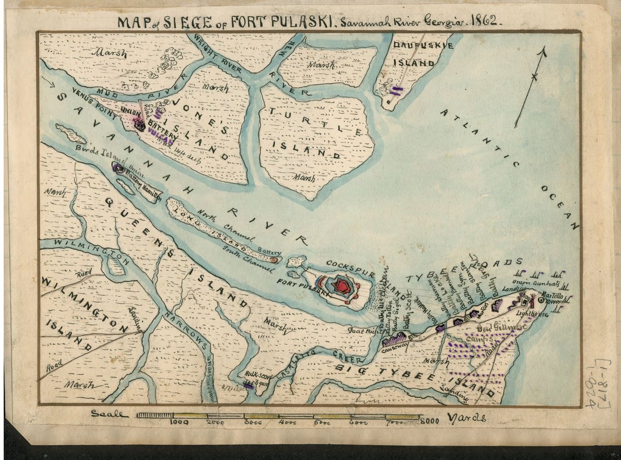 Mapa oblężenia Fortu Pułaskiego - rzeka Savannah w stanie Georgia. 1862. LOC gvhs01.vhs00085 autorstwa Robert Knox Sneden