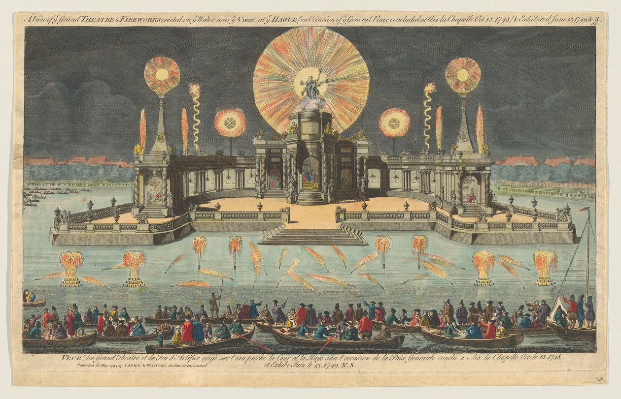 Widok Wielkiego Teatru i Fajerwerków wzniesionych na Wodzie w pobliżu Dworu w Hadze na O..., 1794. autorstwa Robert Laurie