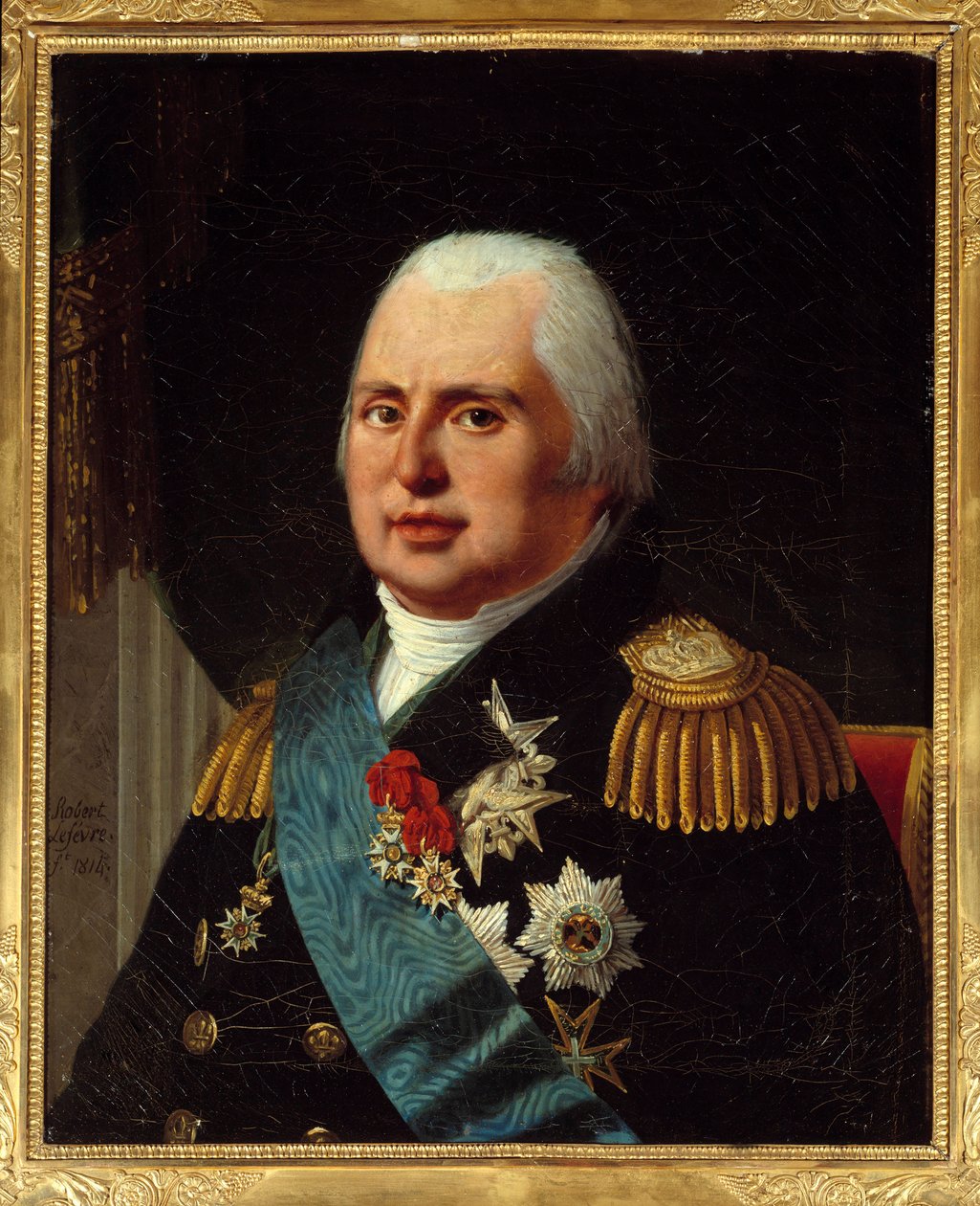 Portret Ludwika XVIII (1755-1824), króla Francji, w mundurze wojskowym z Legią Honorową i Kordem Orderu Ducha Świętego. Obraz Roberta Lefebvre