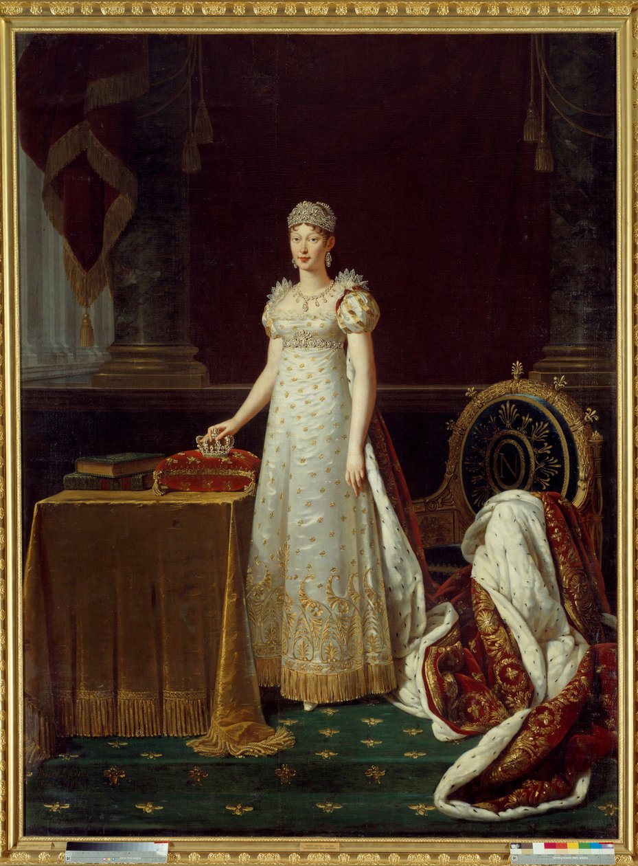 Portret cesarzowej Marii Ludwiki Austrii (Marie-Louise) (1791-1847), żony Napoleona I, reprezentowała Regentę Cesarstwa i nosiła diamentowy komplet Chaumet podarowany przez Napoleona w 1812 r. - Za nią empirowy fotel ozdobiony „N” Napoleona autorstwa Robert Lefevre