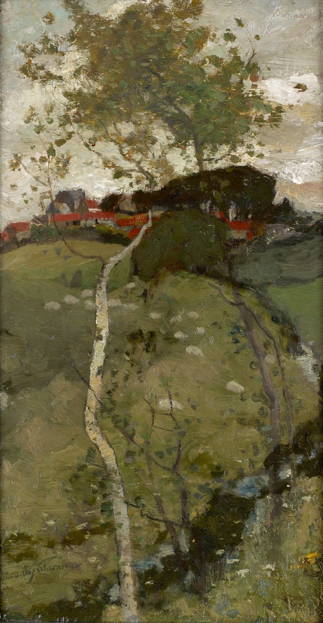 Wieś na wzgórzu - Srebrna brzoza (olej na desce) autorstwa Robert Macaulay Stevenson
