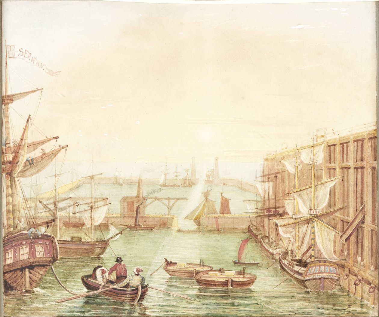 Seaham Harbor (akwarela, farba do ciała, ołówek i tusz na papierze) autorstwa Robert Mackreth