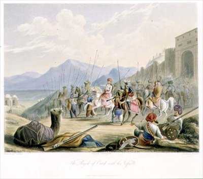 Rajah of Cutch, Desal II (1819-60) ze swoimi wasalami, z tomu I „Sceneria, kostiumy i architektura Indii”, rytowany przez R.G. Reeve (fl.1811-37) i pokolorowane przez J.B. Hogartha, wyd. przez Ackermanna autorstwa Robert Melville (after) Grindlay