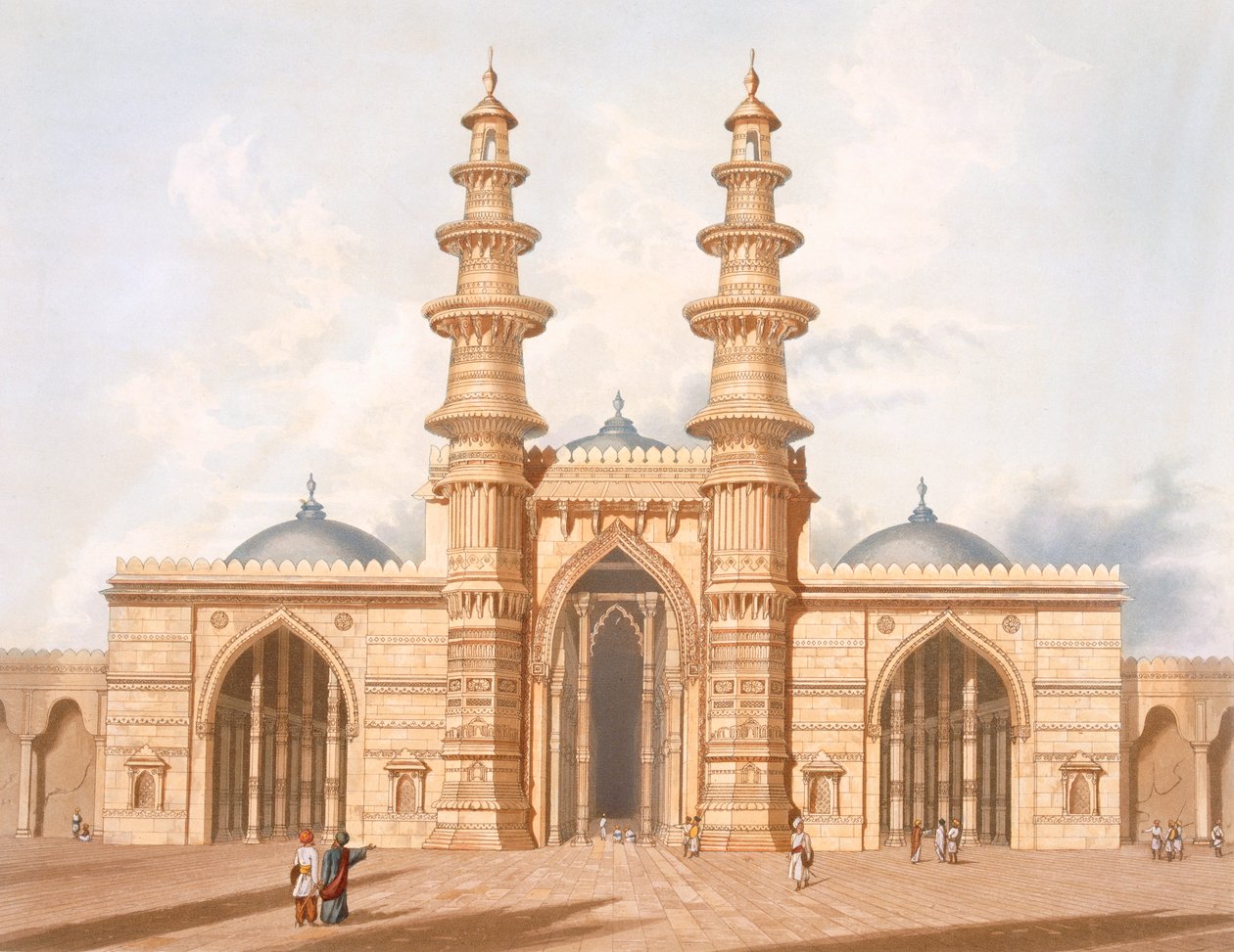 Wstrząsające minarety Ahmedabadu, z tomu I „Scenery, Costumes and Architecture of India”, sztychowane przez G. Hawkinsa, grawerowane przez T. Fieldinga i barwione przez J.B. Hogartha autorstwa Robert Melville (after) Grindlay