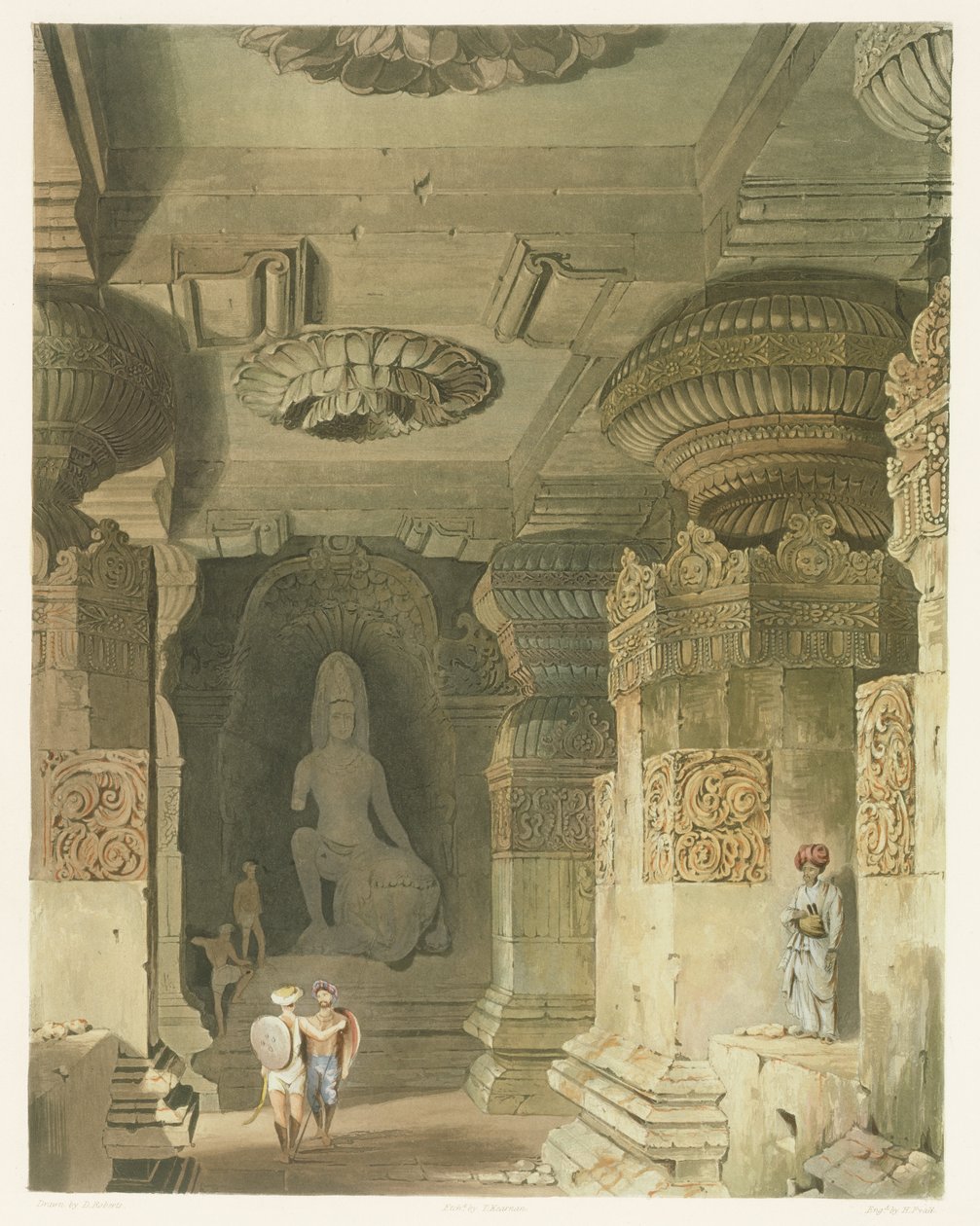 Wnętrze świątyni jaskiniowej Indry Subba w Ellora, z tomu II Scenery, Costumes and Architecture of India, narysowane przez Davida Robertsa (1796-1864) wyryte przez Thomasa Kearnana (fl.1821-50) i grawerowane autorstwa Robert Melville Grindlay