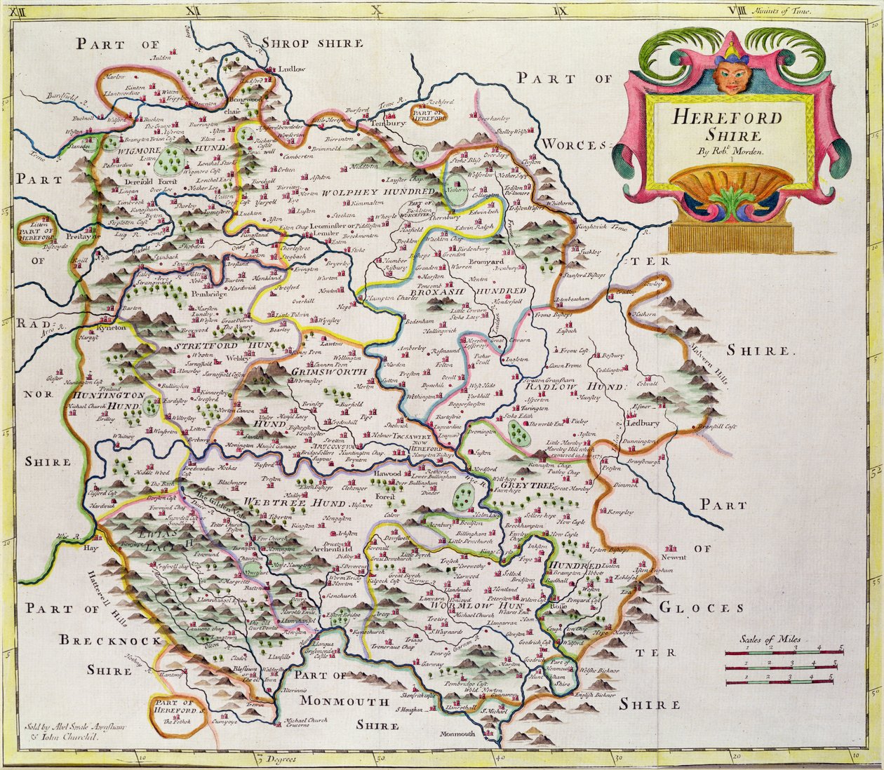 Mapa Herefordshire, 1695 autorstwa Robert Morden
