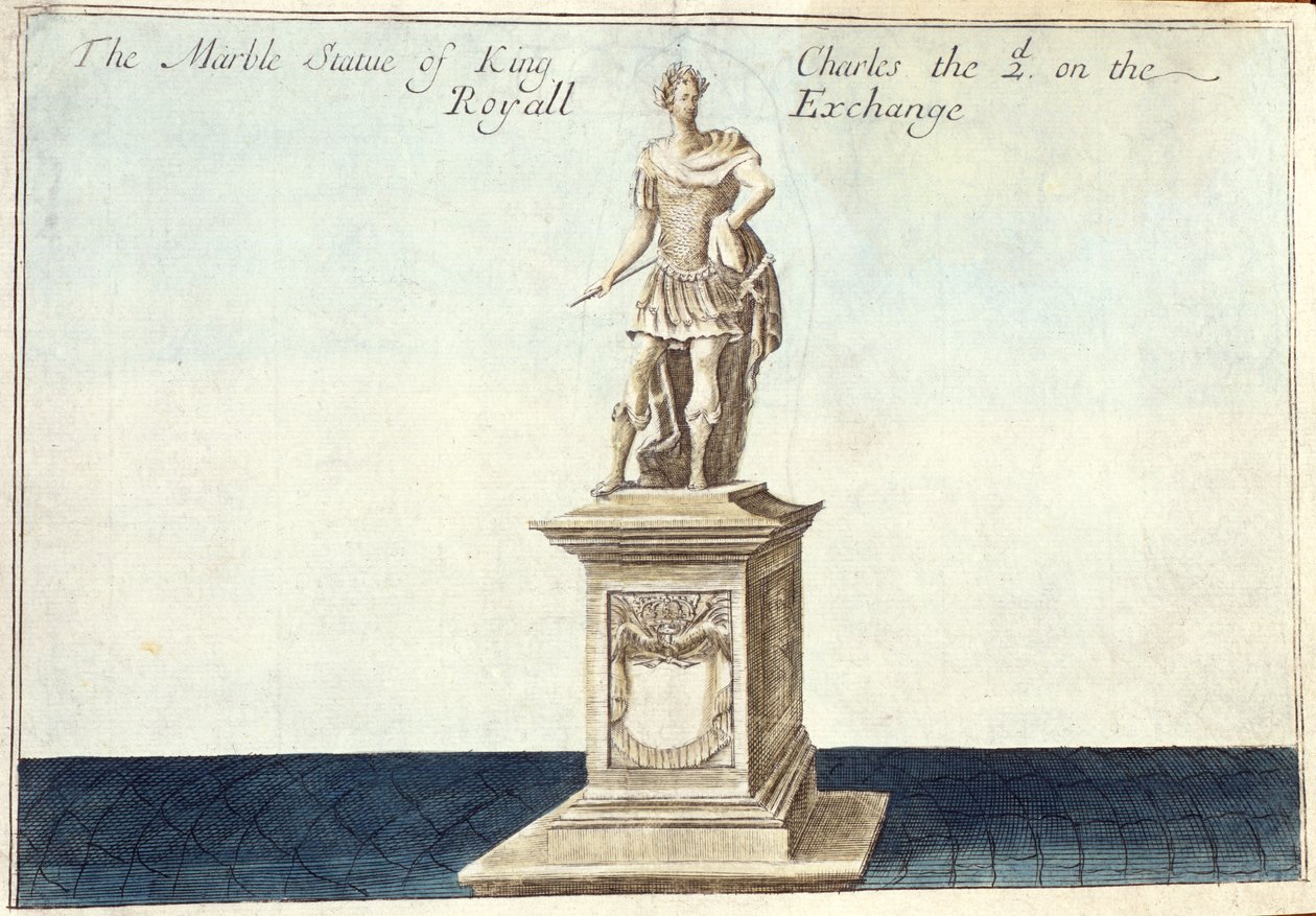 Marmurowa statua króla Karola II (1630-1685) na Royal Exchange, z "Księgi perspektyw niezwykłych miejsc w City of London i wokół niego", ok. 1700 (rycina) autorstwa Robert Morden
