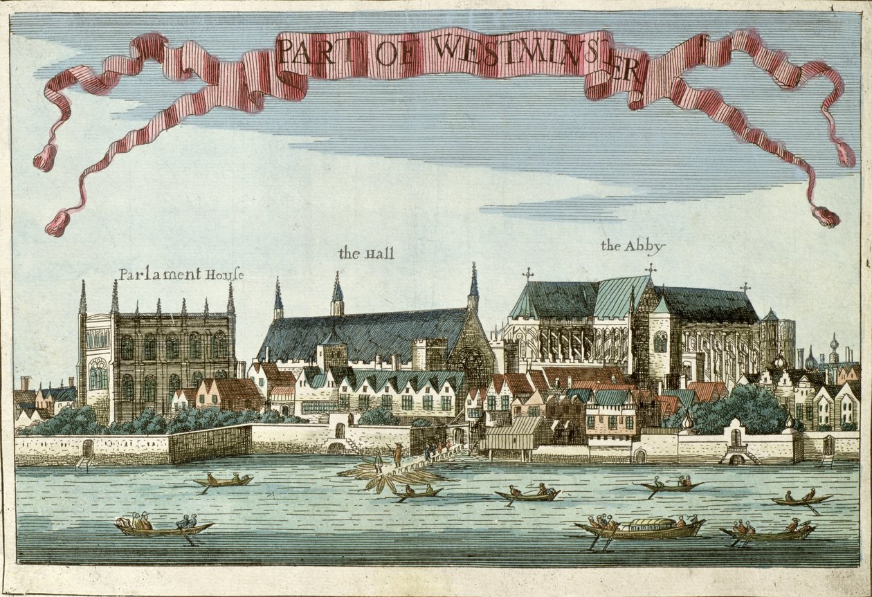 Westminster ukazujący opactwo, halę i budynek parlamentu, z „Księgi perspektyw niezwykłych miejsc w londyńskim City i wokół niego”, c.1700 autorstwa Robert Morden